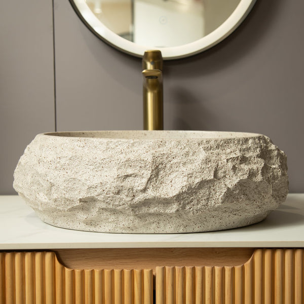 English Elm Luna 18" Bathroom Sink Irregular Oval Resin Vessel with Stone Pattern Artistic Durable Finish Beige W2615P346503