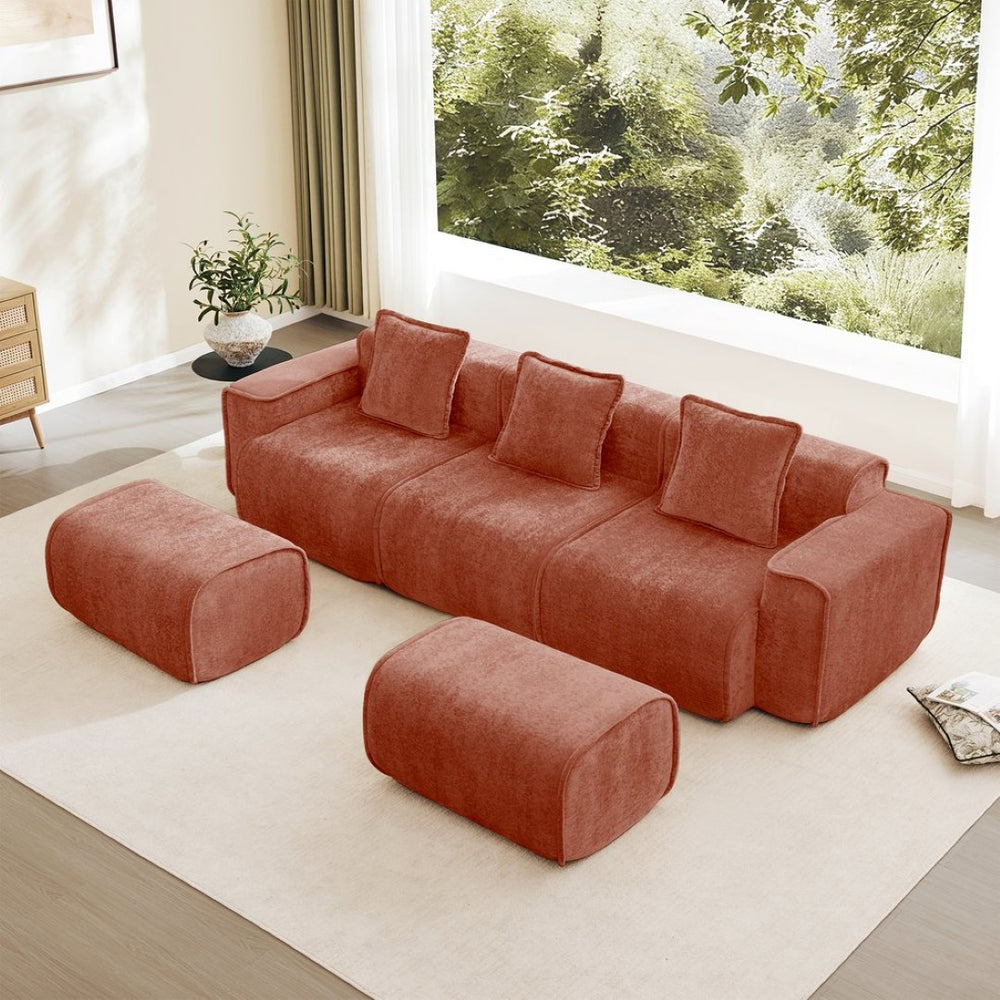 English Elm Streamlined Velvet U-shape Modular Sectional Sofa with Ottomans French Piping Cloud Foam Red W3041S00360