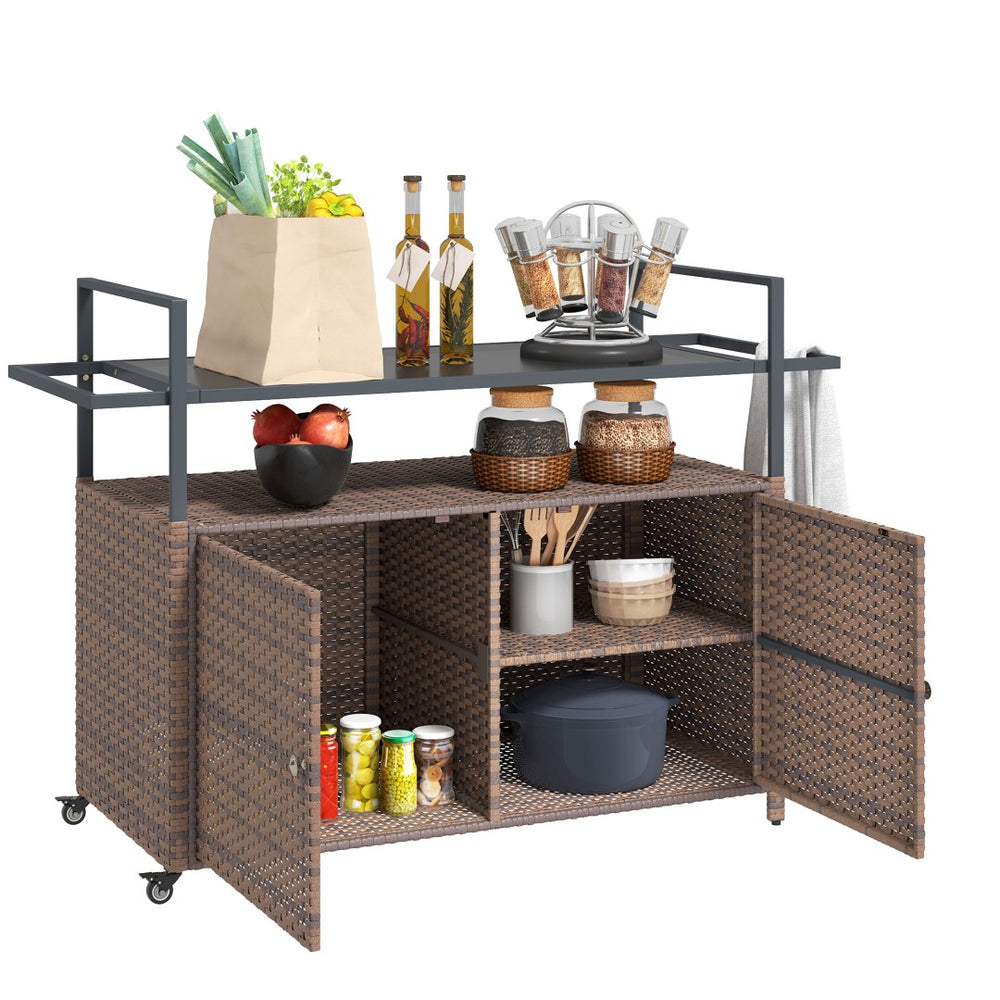 English Elm Outsunny Pe Rattan Outdoor Bar Cart with Tempered Glass Top and Storage Cabinet W2225P485624