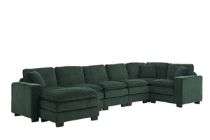 English Elm Modern U Shaped 6-Seat Sectional Sofa with Ottoman and 3 Toss Pillows, Corduroy Modular Comfort and Durable Frame Green W2363S00042