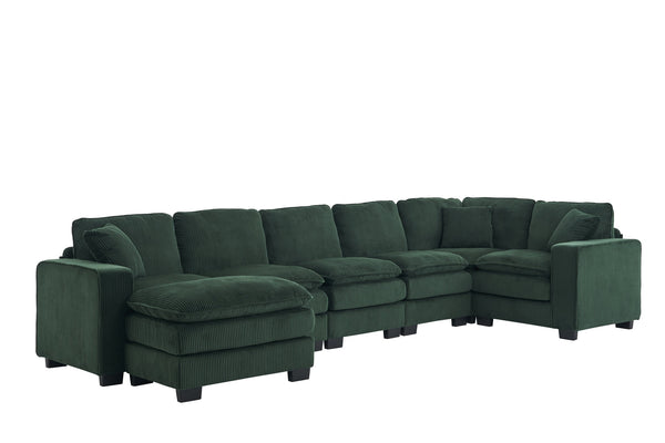 English Elm Modern U Shaped 6-Seat Sectional Sofa with Ottoman and 3 Toss Pillows, Corduroy Modular Comfort and Durable Frame Green W2363S00042