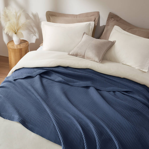 JLA Home Madison Park - Cotton Waffle-Weave Blanket — Ultra-Soft 100% Breathable Cotton, OEKO‑TEX Certified, Machine Washable Indigo BR51N-3830