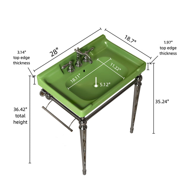 English Elm VICI 28" Bathroom Console Sink with Integrated Ceramic Basin, Overflow, Stainless Support Legs Chrome,Green W2615S00329