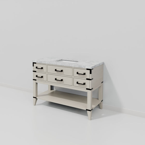 English Elm White Oak Single Bath Vanity With Carrara Marble Top - 48" W, Ample Storage & Soft-Close Drawers B2731P260238-GIGA