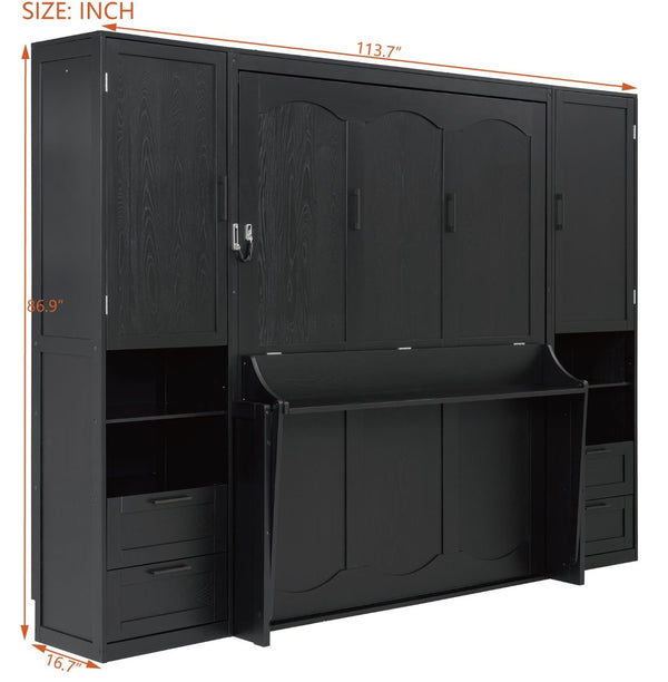 English Elm Queen Murphy Fold Down Wall Bed with Wardrobe Drawers and Shelves for Guest Rooms LP000909AAB