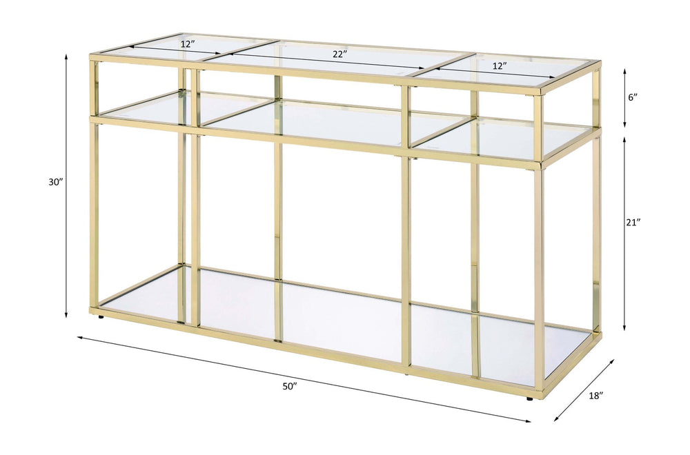 English Elm Uchenna Gold Metal Frame Sofa Table with Tempered Glass Shelves for Entryway B2726P446703