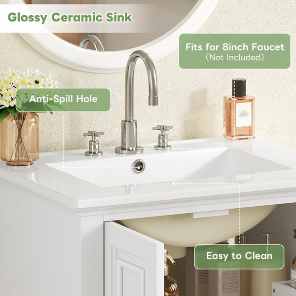 English Elm 24'' French Style Bathroom Vanity with Ceramic Sink Soft Close Cabinet and Drawer White N710P411227K