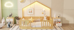 English Elm Twin Montessori Floor Bed House Frame with Led Lighting and Safety Rails for Kids Natural W2593P440609