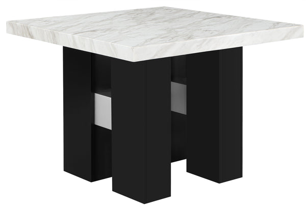 English Elm MIKHA Solid Wood White Bar Table with Faux Marble Top, Black Double Pedestal Base & Silver Connector B201S00094