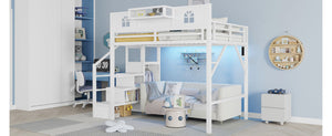 English Elm Full Size Steel Loft Bed with Staircase Storage Wardrobe Desk and Led Lighting White W2593S00056