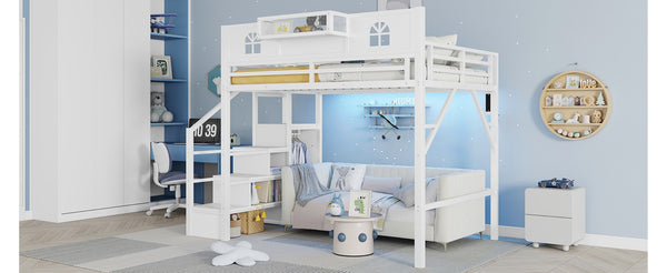 English Elm Full Size Steel Loft Bed with Staircase Storage Wardrobe Desk and Led Lighting White W2593S00056