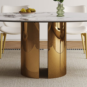 English Elm 70.9-Inch Sintered Stone Oval Dining Table With Copper Base – Modern, Sturdy, Family-Friendly Design! W509S00150