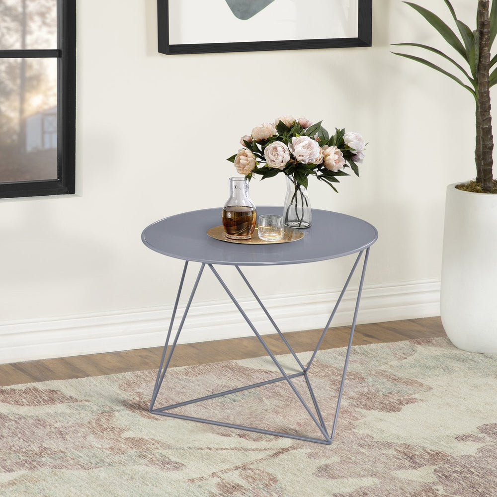 English Elm Grey Geometric Metal Base Accent Table with Round Scratch-Resistant Top, Modern Stable 23.5" Width B062P185685