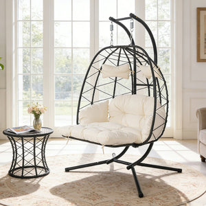 English Elm 2 Person Wicker Hanging Egg Chair with Stand Padded Swing for Patio or Garden T5880P500209