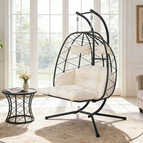 English Elm 2 Person Wicker Hanging Egg Chair with Stand Padded Swing for Patio or Garden T5880P500209
