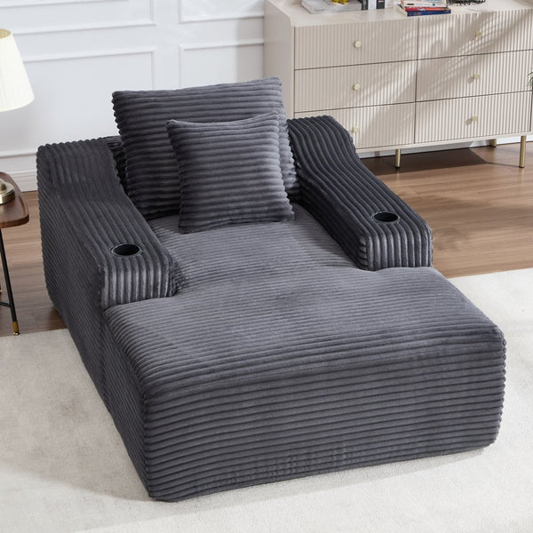 English Elm 67" Corduroy Oversized Chaise Sleeper Sofa Deep Seat Boneless Lounge with Cup Holder Pillows Dark Grey W1803P409258