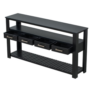 English Elm U_style Wide Entryway Console Table with Four Drawers and Open Shelving Storage N711P234484B