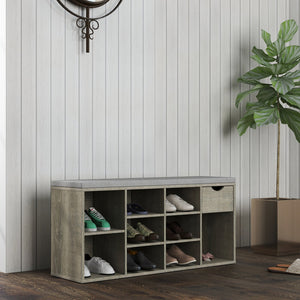 English Elm Storage Bench with Cushion, 10-Compartment Shoe Organizer, Drawer & 3-Tier Space for Entryway Use W3151P288934