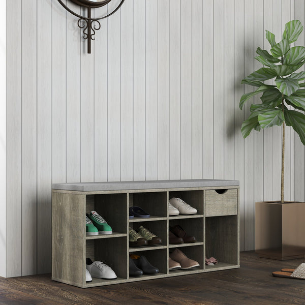 English Elm Storage Bench with Cushion, 10-Compartment Shoe Organizer, Drawer & 3-Tier Space for Entryway Use W3151P288934