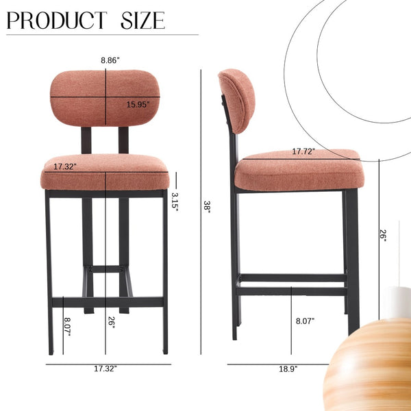 English Elm Bar Stools Set of 2 Upholstered Fabric Seat with Foam Cushion Black Metal Legs Orange W3244P310203