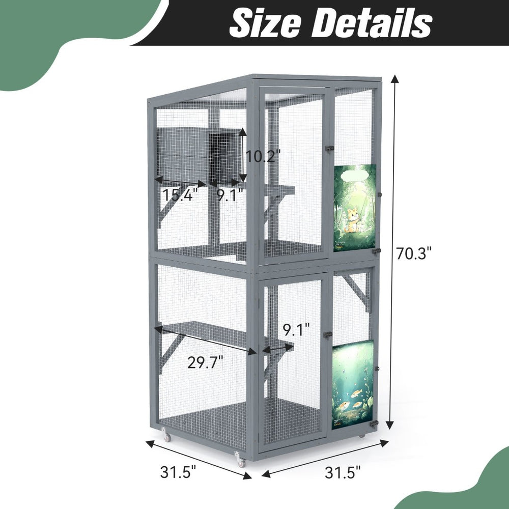 English Elm 70-inch Pinewood Outdoor Cat Enclosure Rolling Catio with Climbing Platforms Sunshine Roof W2181P356035