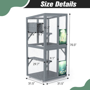English Elm 70-inch Pinewood Outdoor Cat Enclosure Rolling Catio with Climbing Platforms Sunshine Roof W2181P356035