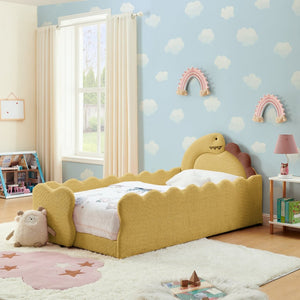 English Elm Twin Dinosaur Boucle Upholstered Kids Bed Solid Wood Frame with Padded Safety Rails Yellow W1413P384916