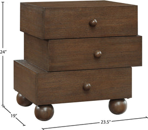 Meridian Furniture Askew Art Deco Oak Veneer Nightstand with Asymmetrical Sculptural Drawers and Ball Leg Design Brown 327Brown-NS