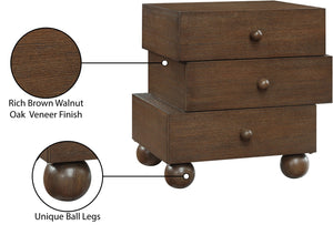 Meridian Furniture Askew Art Deco Oak Veneer Nightstand with Asymmetrical Sculptural Drawers and Ball Leg Design Brown 327Brown-NS