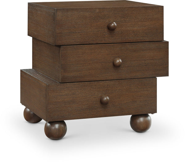 Meridian Furniture Askew Art Deco Oak Veneer Nightstand with Asymmetrical Sculptural Drawers and Ball Leg Design Brown 327Brown-NS
