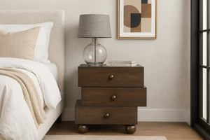 Meridian Furniture Askew Art Deco Oak Veneer Nightstand with Asymmetrical Sculptural Drawers and Ball Leg Design Brown 327Brown-NS