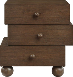 Meridian Furniture Askew Art Deco Oak Veneer Nightstand with Asymmetrical Sculptural Drawers and Ball Leg Design Brown 327Brown-NS