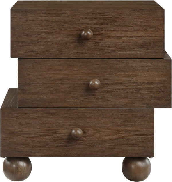 Meridian Furniture Askew Art Deco Oak Veneer Nightstand with Asymmetrical Sculptural Drawers and Ball Leg Design Brown 327Brown-NS