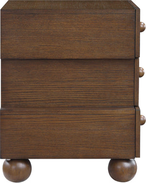 Meridian Furniture Askew Art Deco Oak Veneer Nightstand with Asymmetrical Sculptural Drawers and Ball Leg Design Brown 327Brown-NS