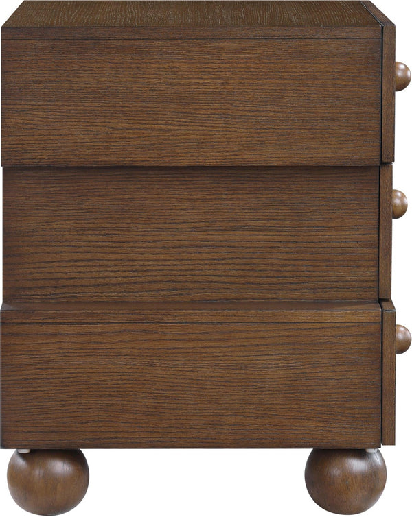 Meridian Furniture Askew Art Deco Oak Veneer Nightstand with Asymmetrical Sculptural Drawers and Ball Leg Design Brown 327Brown-NS