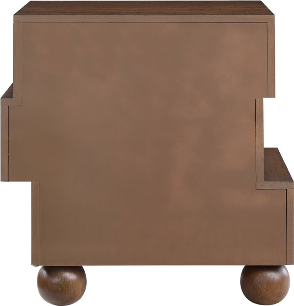 Meridian Furniture Askew Art Deco Oak Veneer Nightstand with Asymmetrical Sculptural Drawers and Ball Leg Design Brown 327Brown-NS