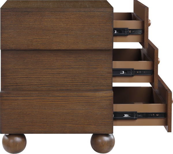 Meridian Furniture Askew Art Deco Oak Veneer Nightstand with Asymmetrical Sculptural Drawers and Ball Leg Design Brown 327Brown-NS