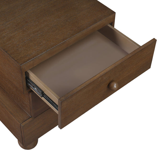 Meridian Furniture Askew Art Deco Oak Veneer Nightstand with Asymmetrical Sculptural Drawers and Ball Leg Design Brown 327Brown-NS