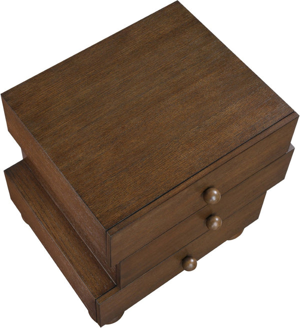 Meridian Furniture Askew Art Deco Oak Veneer Nightstand with Asymmetrical Sculptural Drawers and Ball Leg Design Brown 327Brown-NS