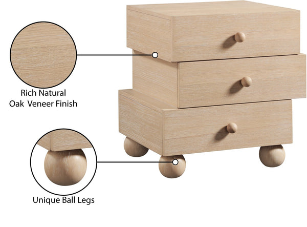 Meridian Furniture Askew Art Deco Oak Veneer Nightstand with Asymmetrical Sculptural Drawers and Ball Leg Design Natural 327Natural-NS