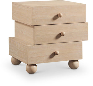 Meridian Furniture Askew Art Deco Oak Veneer Nightstand with Asymmetrical Sculptural Drawers and Ball Leg Design Natural 327Natural-NS