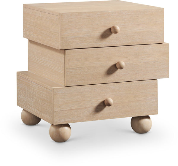 Meridian Furniture Askew Art Deco Oak Veneer Nightstand with Asymmetrical Sculptural Drawers and Ball Leg Design Natural 327Natural-NS