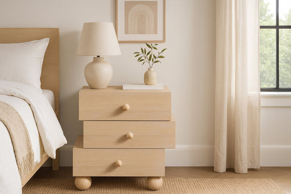 Meridian Furniture Askew Art Deco Oak Veneer Nightstand with Asymmetrical Sculptural Drawers and Ball Leg Design Natural 327Natural-NS