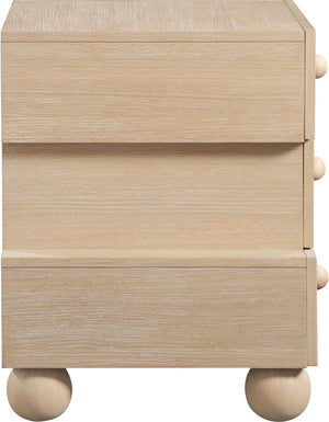 Meridian Furniture Askew Art Deco Oak Veneer Nightstand with Asymmetrical Sculptural Drawers and Ball Leg Design Natural 327Natural-NS
