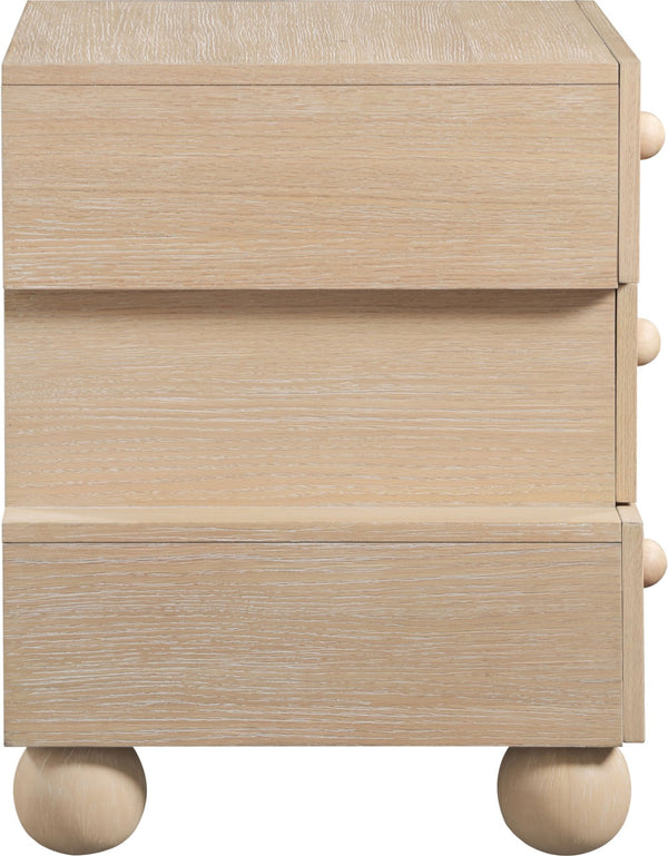 Meridian Furniture Askew Art Deco Oak Veneer Nightstand with Asymmetrical Sculptural Drawers and Ball Leg Design Natural 327Natural-NS