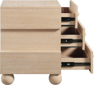 Meridian Furniture Askew Art Deco Oak Veneer Nightstand with Asymmetrical Sculptural Drawers and Ball Leg Design Natural 327Natural-NS