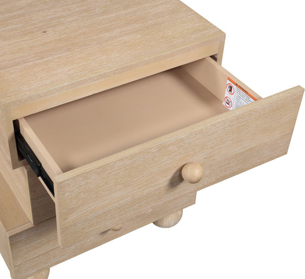 Meridian Furniture Askew Art Deco Oak Veneer Nightstand with Asymmetrical Sculptural Drawers and Ball Leg Design Natural 327Natural-NS