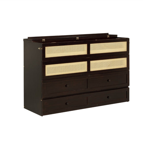 English Elm Queen Size Murphy Bed - Elegant Pine Cabinet With Rattan Accents, Espresso Finish & Storage Drawer W504S00230-GIGA