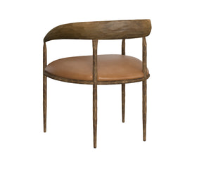 Sunpan Zanatta Dining Armchair – Handcrafted Antique Brass Frame with Unique Hammered Metal Detailing Tan Leather