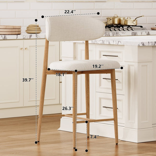 English Elm Counter Height Linen Upholstered Barstools Set of 2 Mid-century Tapered Metal Legs W3916P426287